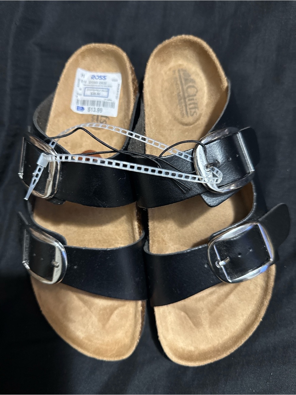 Black Buckle Dual-Strap Sandals with Tan Footbed